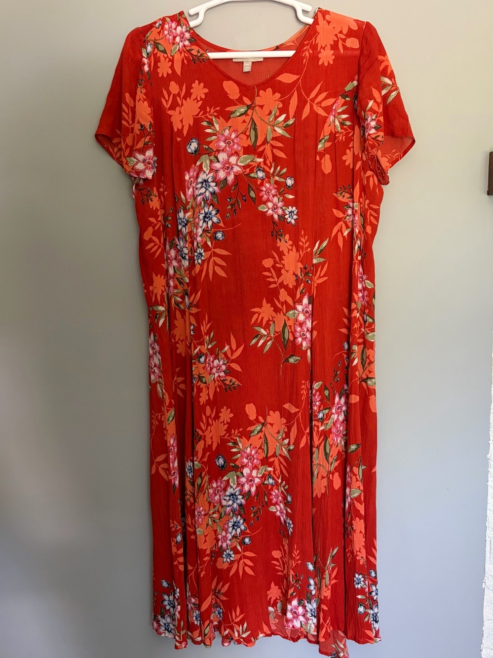 Woman Within Maxi Dress 18/20 Petite Orange Floral Gauze Crinkly Flowy Mumu